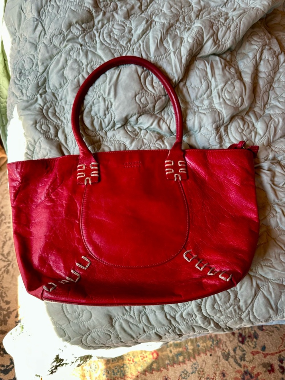 Claudia Firenze Women's Red Leather Tote Handbag with Decorative Stitching*